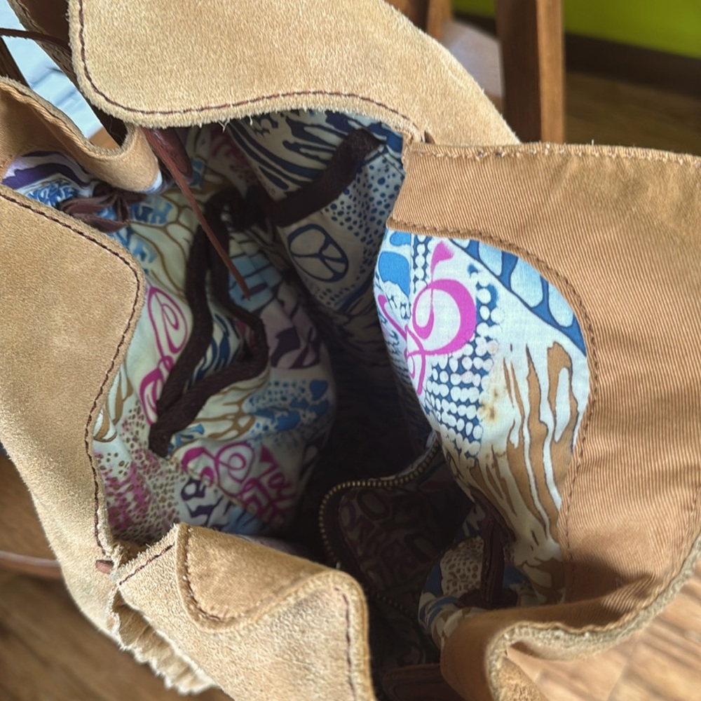 Tan Suede Bucket Bag with Brown Leather Accents - Picture 5 of 9